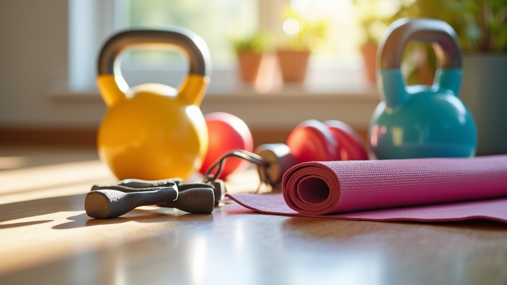 A set of colorful exercise equipment like kettlebells, jump rope, and a yoga mat arranged on a wooden floor with soft sunlight